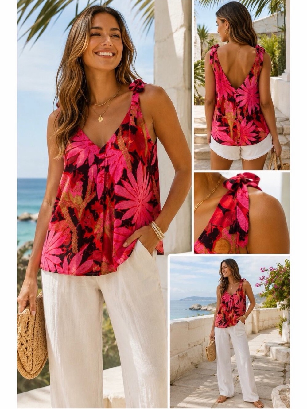 J-Crew - Women’s Pink Floral Tie-Shoulder V-Neck Tank Top
